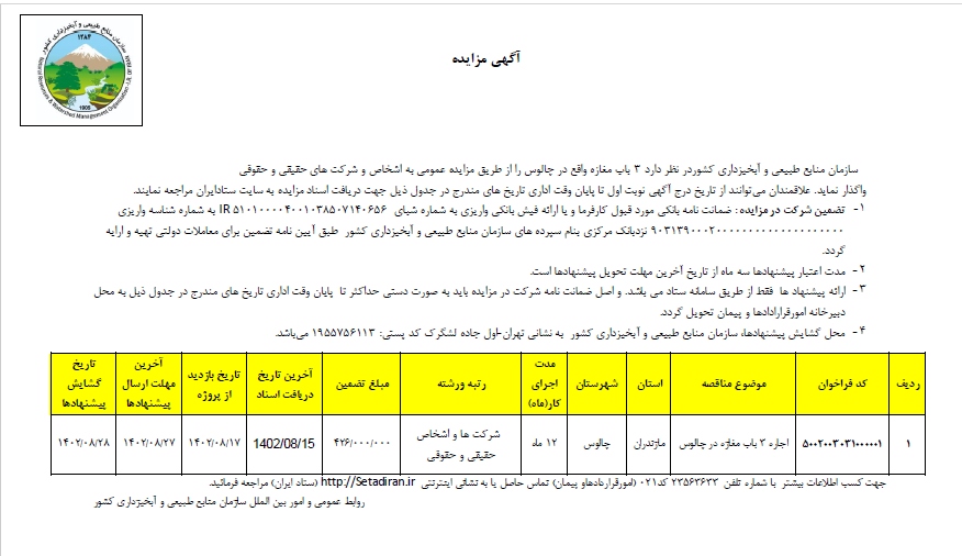 آگهی مزایده اجاره سه باب مغازه در چالوس 